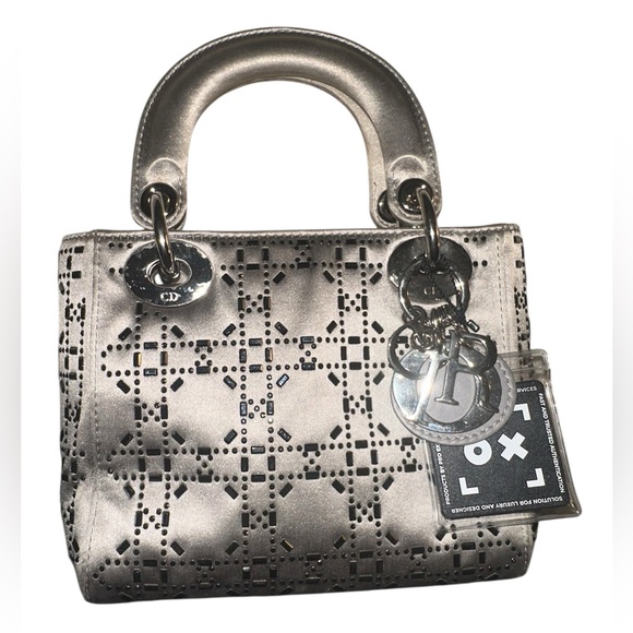 💎Satin Dior Mini Lady Dior Silver Beaded Gray Satin Small Handbag - Picture 7 of 10